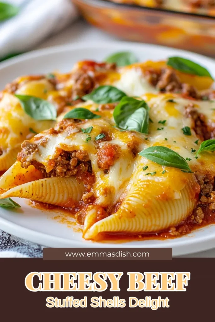 Discover the ultimate comfort food with this cheesy stuffed shells recipe! These beef stuffed pasta shells are filled with a rich mixture of creamy ricotta and flavorful ground beef, making for an easy pasta shell dinner that's perfect for any night. Baked to perfection, this dish will be a hit with the whole family. Try this baked stuffed shells recipe for a delicious meal everyone will love! Save and share for later! #CheesyStuffedShells #BeefStuffedPastaShells #EasyDinner #PastaRecipe