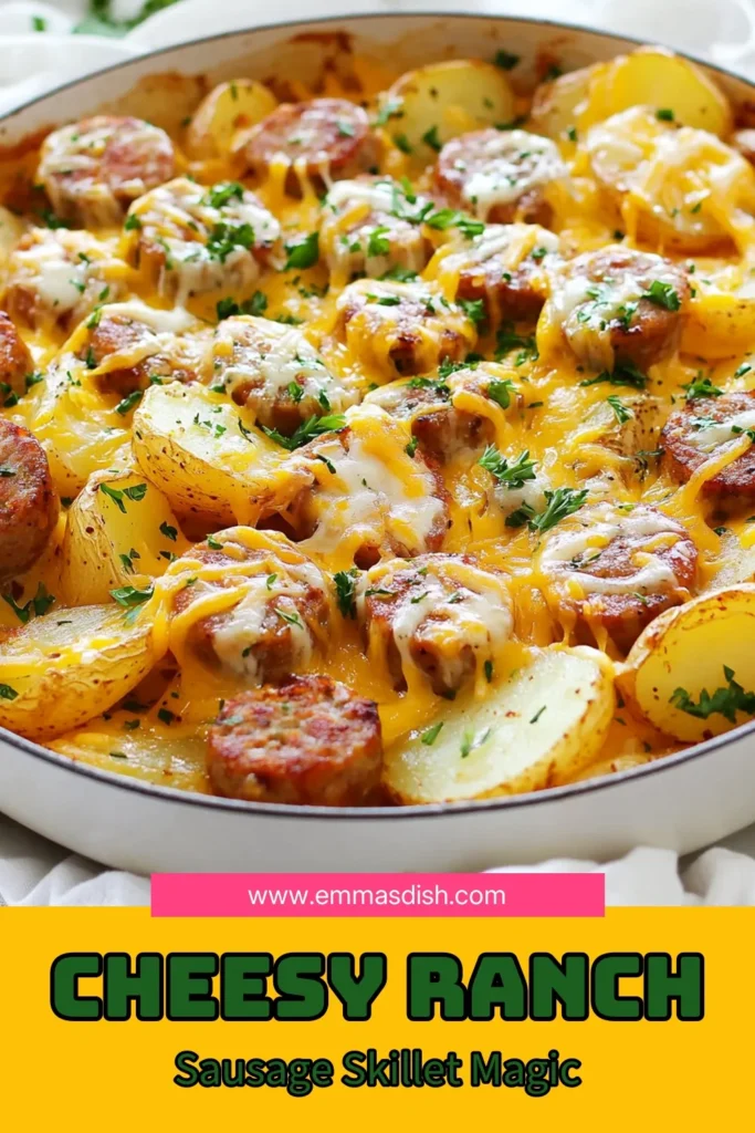 Discover the ultimate cheesy ranch skillet with this delicious sausage potato recipe! Our Cheesy Ranch Potato Sausage Skillet is an easy skillet dinner packed with flavor. Featuring smoky sausage, tender potatoes, and creamy ranch dressing, it’s the perfect comfort food. Plus, it’s reminiscent of a cheesy potato casserole, making it a must-try! Save this recipe for a quick weeknight meal! #CheesyRanchSkillet #SausagePotatoRecipe #EasySkilletDinner #RanchDressingRecipes