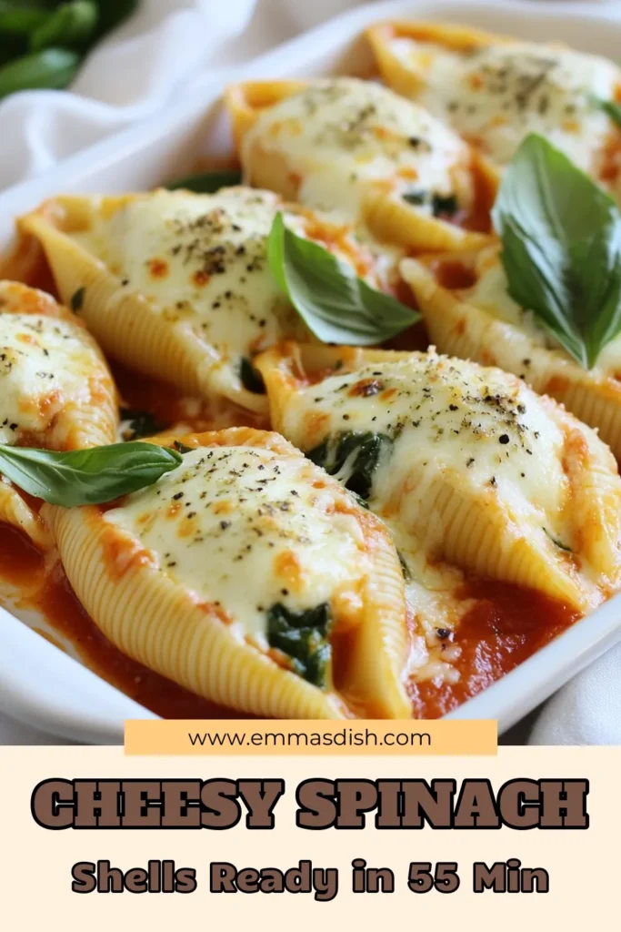 Indulge in these cheesy spinach stuffed shells, a delightful twist on a classic favorite! This jumbo pasta shells recipe is filled with a creamy ricotta spinach pasta mix and topped with marinara sauce for a comforting meal. Perfectly baked until golden, these baked stuffed shells are sure to impress! Ready to create this delicious dish? Save this recipe now and enjoy a hearty dinner tonight! #CheesySpinachStuffedShells #StuffedShells #PastaRecipe #ItalianFood
