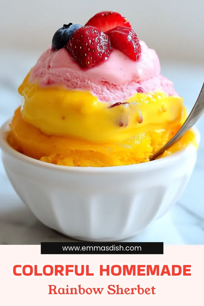 Indulge in the vibrant world of Homemade Rainbow Sherbet! This easy fruit sherbet recipe combines fresh orange, strawberry, and blueberry flavors for a colorful frozen dessert that's sure to delight. Made with coconut milk sherbet, it’s a refreshing twist on fruit ice cream. Perfect for any occasion, this treat is not only simple to make but also visually stunning! Save this recipe for a deliciously fun summer treat! #RainbowSherbet #FruitDessert #CoconutMilk #FrozenTreats