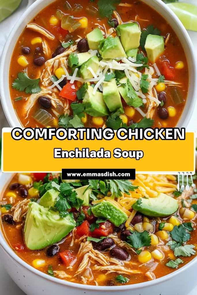 Warm up with this deliciously hearty chicken enchilada soup! This easy enchilada soup recipe is packed with tender chicken, black beans, and zesty enchilada sauce, making it a perfect choice for a cozy meal. Enjoy a wholesome chicken soup that’s both filling and full of flavor. Try this Mexican chicken soup recipe for your next family dinner, and don’t forget to save it for later! #ChickenEnchiladaSoup #EasyRecipes #MexicanFood #ComfortFood