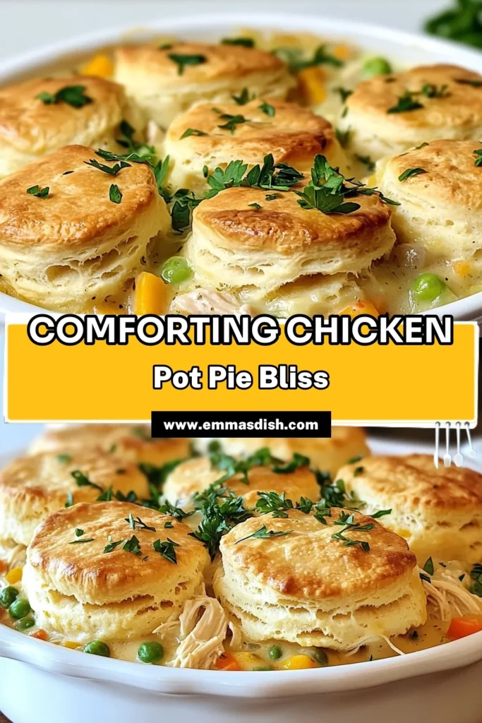 Warm up your dinner table with this delicious biscuit chicken pot pie recipe. This easy chicken pot pie features tender chicken and mixed veggies enveloped in a creamy sauce, topped with fluffy biscuits for the ultimate comfort food experience. Perfect for busy weeknights, this homemade chicken pot pie will warm your heart and fill your belly. Try this chicken pot pie with biscuits tonight and savor every bite! Save this recipe for your next family meal! #ChickenPotPie #ComfortFood #HomemadeRecipe #EasyDinner