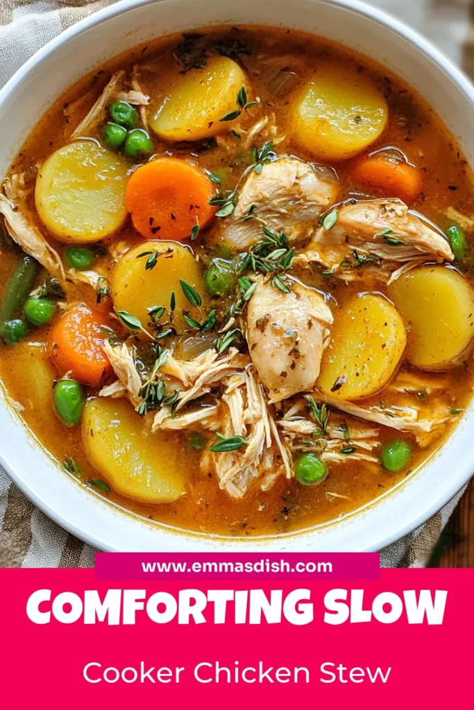 Discover the ultimate comfort with this slow cooker chicken stew! This easy chicken stew recipe is healthy, packed with colorful vegetables, and perfect for any meal. Made with tender chicken thighs, baby potatoes, carrots, and green beans, this chicken stew with vegetables will warm your soul. Need a hassle-free dinner? Try it today and indulge in deliciousness. Save this recipe for your next cozy night! #SlowCookerChickenStew #HealthyChickenStew #ComfortFoodRecipes #EasyChickenStewRecipe