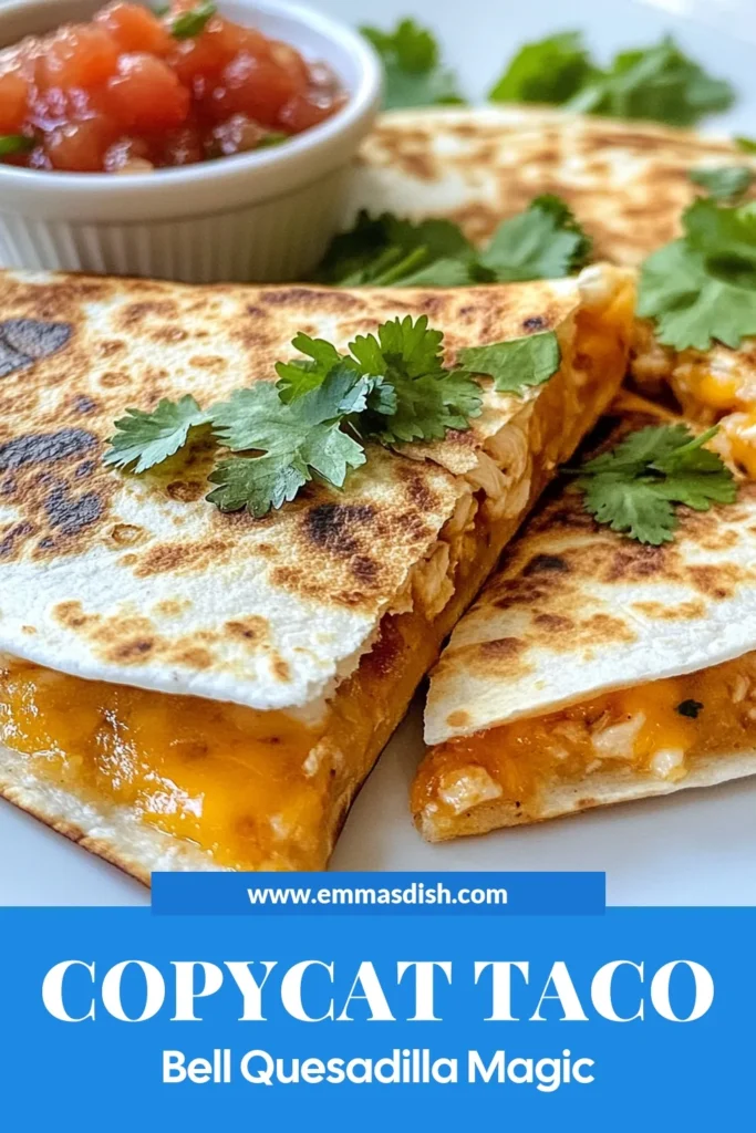 Craving Taco Bell's delicious Chicken Quesadilla? Try this easy quesadilla recipe at home with our Taco Bell Chicken Quesadilla recipe! This Copycat Chicken Quesadilla features juicy shredded chicken, creamy cheese, and flavorful spices, making it the perfect homemade quesadilla for any meal. Ready in just 30 minutes, it’s quick and satisfying! Save this recipe and impress your friends with your cooking skills today! #TacoBellCopycat #EasyQuesadillaRecipe #HomemadeQuesadilla #ShreddedChickenQuesadilla