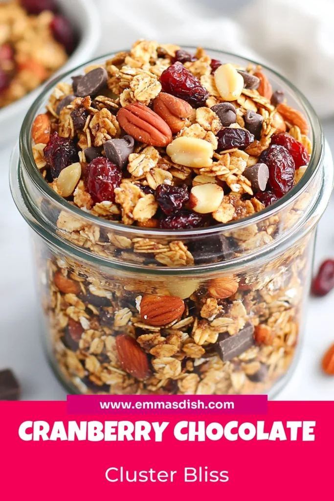 Discover the ultimate Cranberry Chocolate Granola recipe! These homemade granola clusters are a healthy snack packed with oats, nuts, and delectable dried cranberries. Perfect for breakfast or a quick pick-me-up, this oats granola recipe balances sweetness and nutrition. Whip up these easy granola with dried cranberries at home and satisfy your snack cravings. Try it today and save for later! #CranberryChocolateGranola #HealthySnackRecipes #GranolaClusters #OatsGranolaRecipe