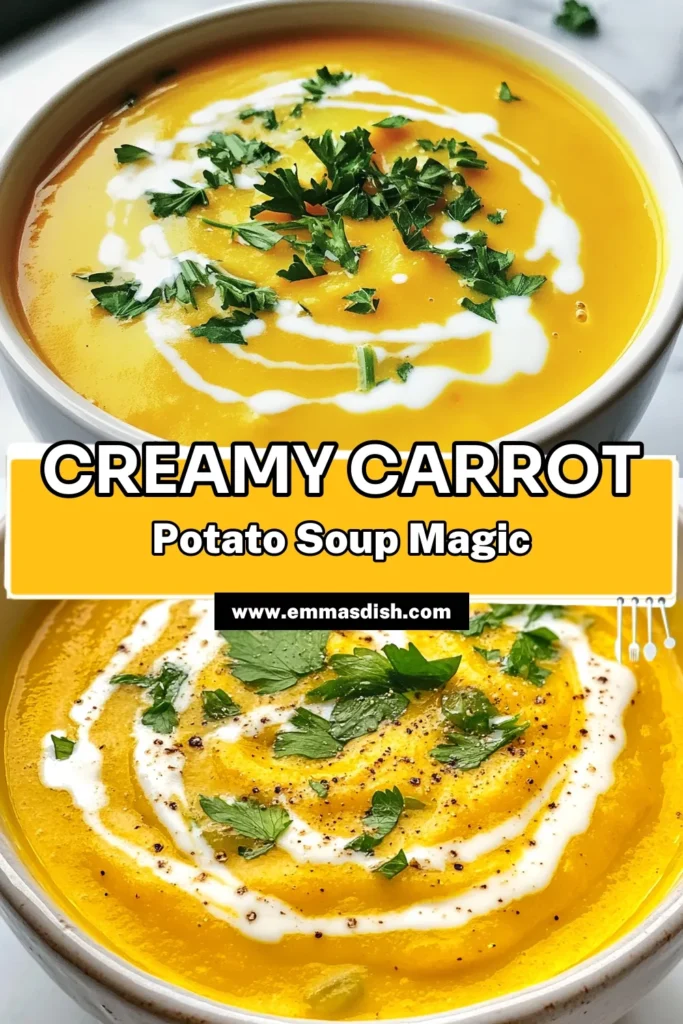 Warm up with this creamy carrot potato soup that's not only delicious but also a healthy vegetable soup! This vegan carrot potato recipe is easy to make and features rich coconut milk for an irresistible flavor. Perfect for cozy nights, this easy creamy soup recipe will become a family favorite. Enjoy it garnished with fresh herbs! Try it today and savor the goodness! #VeganSoup #HealthyRecipes #CoconutMilkSoup #CreamySoups
