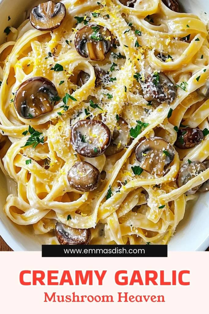 Indulge in the rich flavors of Creamy Garlic Mushroom Pasta with this easy recipe! Perfect for a cozy dinner, this dish combines fettuccine with sautéed mushrooms, garlic, and a luscious cream sauce, topped with Parmesan and a hint of lemon zest. Ready in just 25 minutes, it's a satisfying meal for any occasion. Click through for the full recipe and impress your loved ones tonight! #CreamyGarlicMushroomPasta #PastaRecipes #ComfortFood #EasyDinnerIdeas