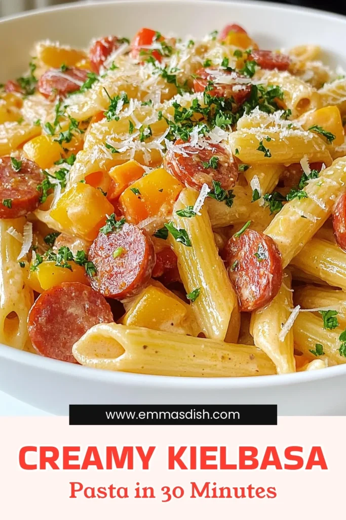Discover the ultimate Creamy Kielbasa Pasta recipe that’s sure to impress! This easy pasta dish combines kielbasa, vibrant bell peppers, and a rich cream sauce for a delightful one-pot kielbasa meal. Perfect for quick weeknight dinners, this Italian sausage pasta is ready in 30 minutes and serves four. Don’t miss out—save this recipe for your next family gathering! #CreamyKielbasaPasta #KielbasaPastaRecipe #EasyPastaDishes #OnePotKielbasaMeal