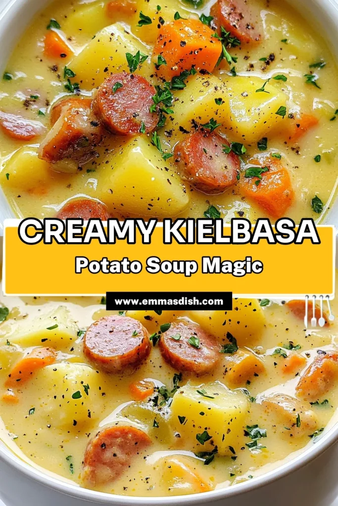 Warm up with this delicious kielbasa soup recipe that features creamy potato goodness and hearty sausage! This easy kielbasa recipe combines tender potatoes and flavorful kielbasa in a comforting creamy potato soup that’s perfect for any meal. Enjoy this filling potato kielbasa dish any night of the week. Save this recipe for your next cozy dinner! #KielbasaSoup #CreamyPotatoSoup #HeartySoupWithSausage #EasyKielbasaRecipes