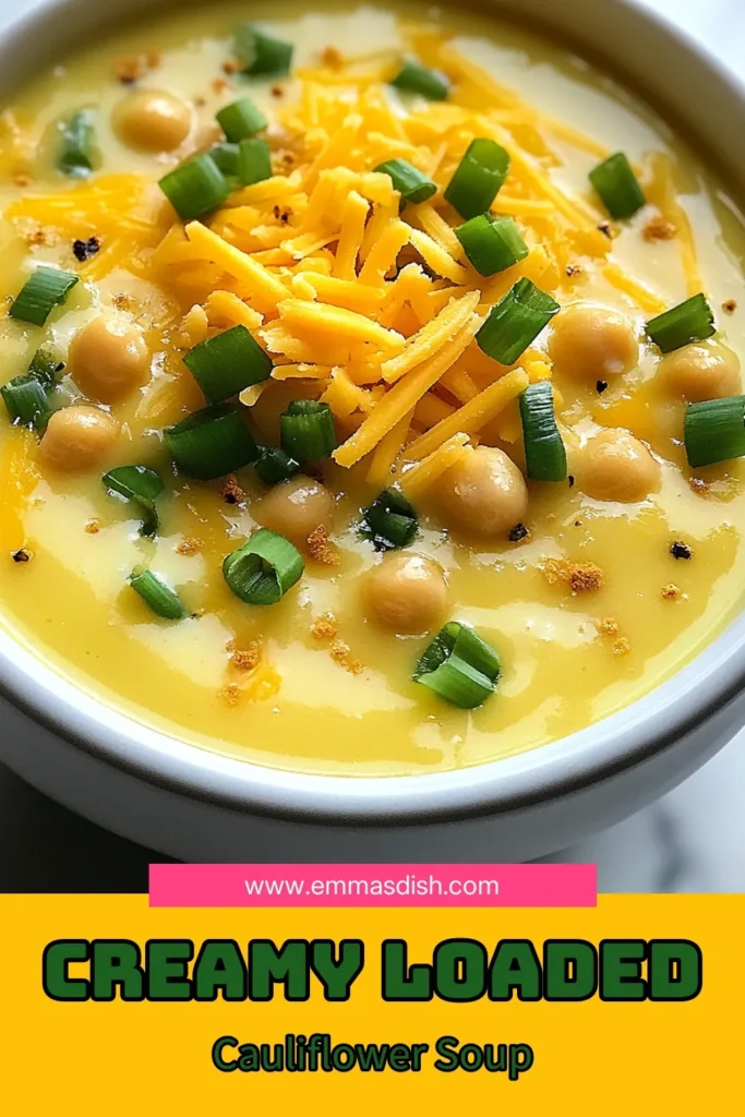 Indulge in this delicious loaded cauliflower soup that's perfect for any meal! This creamy cauliflower soup recipe is vegan-friendly, especially with cheese alternatives. Enjoy a healthy cauliflower soup topped with crumbled bacon bits or crispy chickpeas for added flavor. Ready in 35 minutes, it's ideal for cozy nights. Don’t miss out on this comforting dish; save and share this recipe today! #LoadedCauliflowerSoup #HealthyCauliflowerSoup #VeganCauliflowerSoup #CreamyCauliflowerSoup