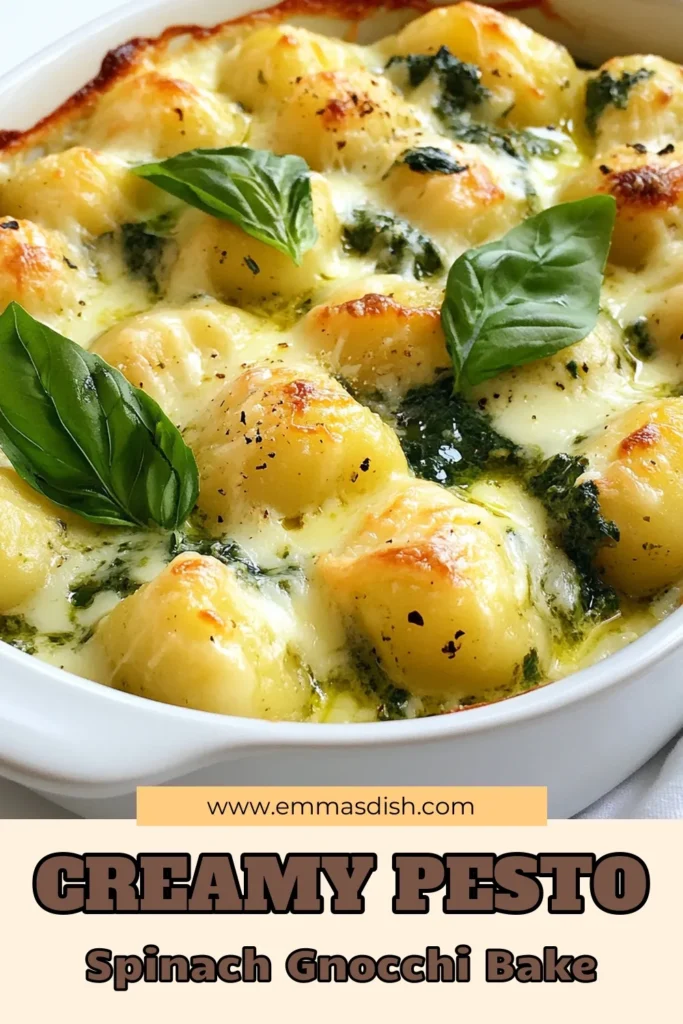 Discover the delightful Creamy Pesto Spinach Gnocchi Bake, a perfect Easy Gnocchi Bake Recipe for any occasion! This Vegetarian Pasta Bake features homemade basil pesto gnocchi mixed with fresh spinach, creamy goodness, and topped with melted cheese. Perfect for meatless meals, this creamy spinach pasta dish will impress your family and friends. Try it today and enjoy a delicious comfort food experience! Save this recipe for later! #GnocchiRecipe #VegetarianCooking #PastaBakes #ComfortFood