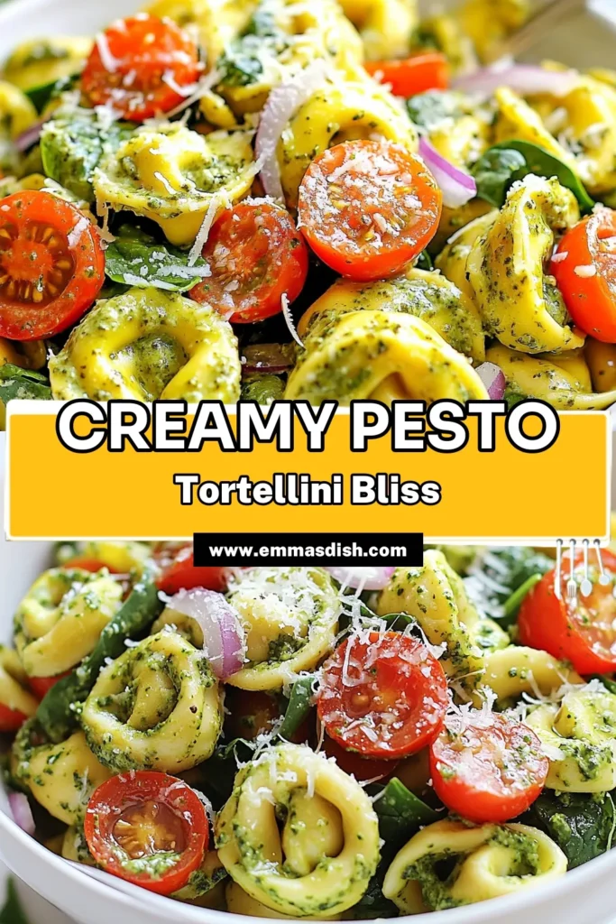 Looking for a refreshing dish? Try this Creamy Pesto Tortellini Salad! Packed with vibrant cherry tomatoes and fresh spinach, this Easy Pasta Salad Recipe is perfect for summer gatherings. Whip up this Tortellini Salad with Pesto in just 15 minutes for a Cold Pasta Salad with Cheese that your guests will love. Make it a Quick Summer Salad Recipe that's sure to impress! Save for later! #PastaSalad #Tortellini #SummerRecipes #EasyRecipes