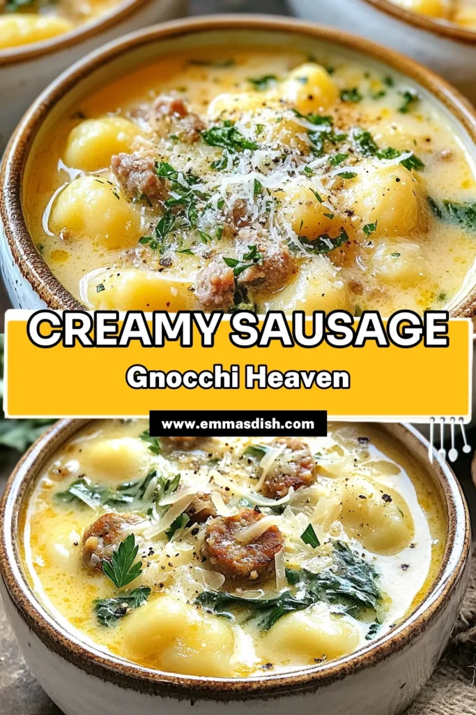 Warm up with this Creamy Italian Sausage Gnocchi Soup that's perfect for cozy nights! This easy soup recipe combines rich Italian sausage and pillowy gnocchi for ultimate comfort food. With simple ingredients and quick prep, you'll have a delicious meal in just 30 minutes. Don't miss out on this mouthwatering Italian sausage gnocchi dish—save the recipe now and enjoy a bowl of comfort! #CreamyItalianSausageSoup #GnocchiSoupRecipe #ComfortFoodSoup #EasySoupRecipes