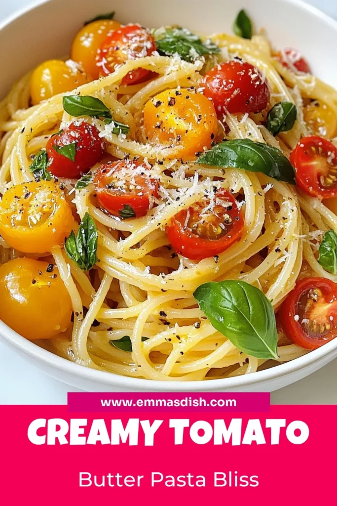 Discover the deliciousness of Tomato Butter Pasta, an irresistible dish featuring spaghetti with cherry tomatoes and a rich butter tomato sauce. Perfect for quick dinner ideas, this easy pasta recipe takes just 25 minutes to prepare! With garlic and fresh basil, it's a delightful meal your family will love. Save this recipe for the next time you need a fast and tasty dinner. Try it tonight! #TomatoButterPasta #EasyPastaRecipes #QuickDinnerIdeas #SpaghettiWithCherryTomatoes