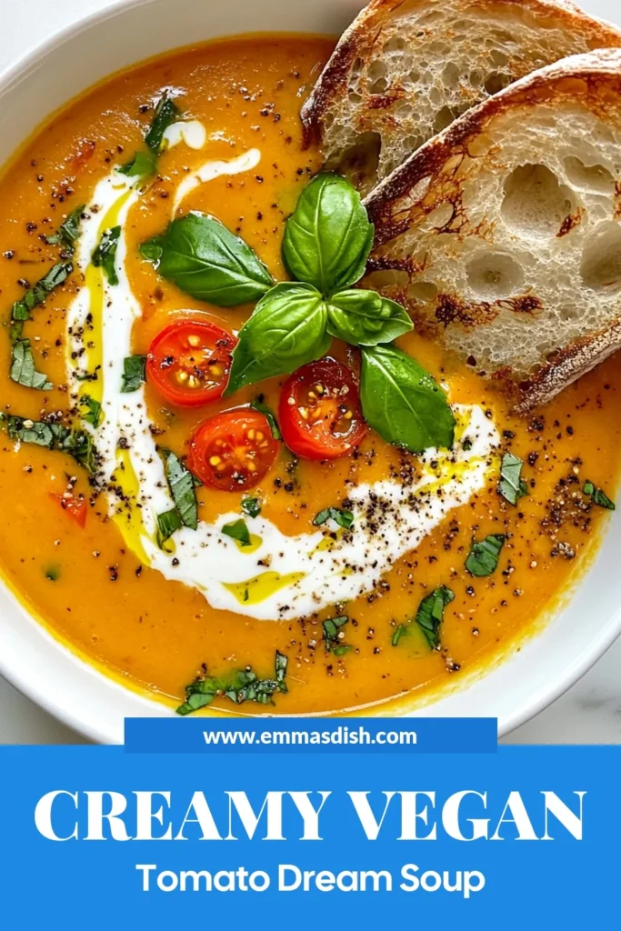 Indulge in this vegan tomato basil soup that's creamy and delicious! Perfect as a comforting meal or an easy vegan pasta sauce, this creamy vegan soup recipe is both dairy-free and plant-based. Packed with fresh tomatoes, basil, and rich coconut cream, it’s easy to whip up in just 35 minutes. Try this dairy-free tomato soup that's sure to delight your taste buds. Save this recipe for your next cozy night in! #VeganRecipes #TomatoBasilSoup #DairyFree #PlantBasedCooking