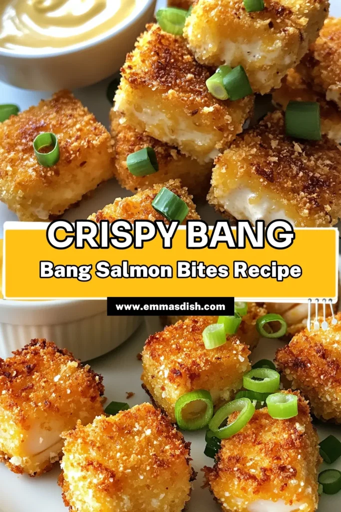 Discover the irresistible flavor of Crispy Bang Bang Salmon Bites! This easy salmon appetizer features tender panko breaded salmon cubes, perfectly paired with a homemade Bang Bang sauce that's a must-try. Quick and simple to make, these crispy salmon bites are ideal for parties or a cozy night in. Ready to impress your guests? Dive into this Bang Bang salmon recipe today! Save for later! #CrispySalmonBites #EasySalmonAppetizer #BangBangSalmonRecipe #PankoBreadedSalmon