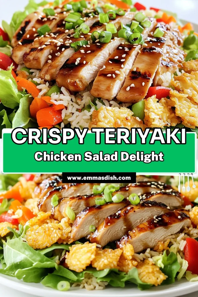 Enjoy a delicious twist on meal prep with this Teriyaki Chicken Crispy Rice Salad! This vibrant salad combines savory grilled chicken, mixed greens, and crunchy crispy rice for a satisfying bite. Perfect for lunch or dinner, it's packed with flavor and nutritious ingredients. Ready to tantalize your taste buds? Click through for the full recipe and impress your family today! #TeriyakiChicken #HealthyEating #SaladRecipes #MealPrepIdeas