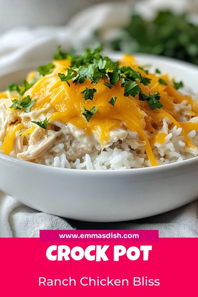 Discover the deliciousness of Crock Pot Ranch Chicken with this easy ranch chicken recipe that will become a family favorite! This slow cooker creamy chicken is simple to prepare and full of flavor. Enjoy a hearty cheddar ranch chicken dinner that's perfect for busy weeknights. Ready in just a few hours, this shredded chicken with ranch pairs beautifully with rice or mashed potatoes. Save this recipe for your next meal! #CrockPotRecipes #EasyDinner #SlowCookerMeals #ChickenRecipes