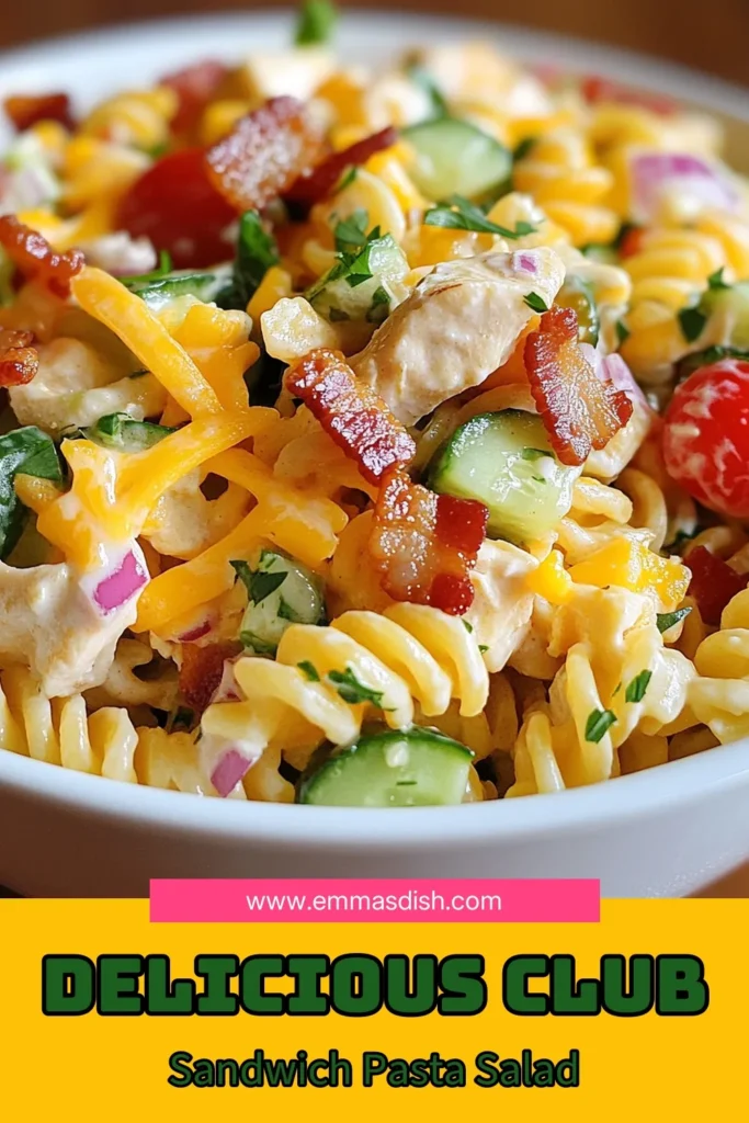 Discover a refreshing twist with this club sandwich pasta salad, perfect for summer gatherings! This easy pasta salad recipe combines chicken, bacon, and colorful veggies with creamy dressing for a delicious chicken bacon rotini salad. Ideal as a crowd-pleasing summer side dish salad, it’s quick to make and packed with flavor. Try this creamy pasta salad today and transform your next meal! Save for your summer recipe collection! #ClubSandwichPastaSalad #EasyPastaSalad #SummerSideDish #CreamyPastaSalad