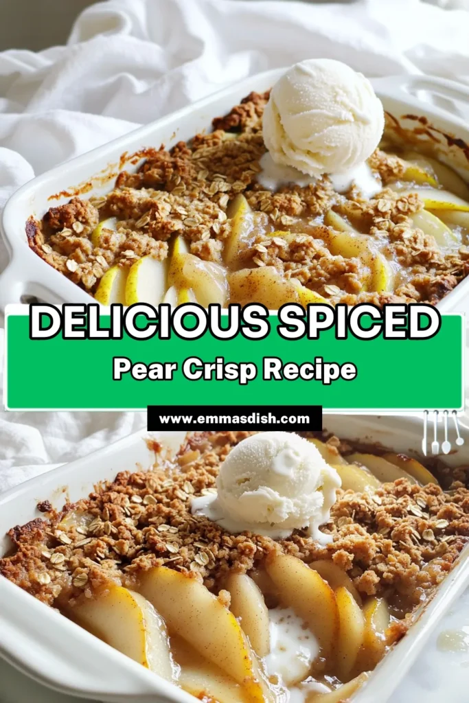 Indulge in the warm flavors of this Spiced Pear Crisp that will surely become a family favorite! This easy recipe combines ripe pears with a deliciously crumbly topping made from oats, nuts, and spices, all baked to golden perfection. Perfect for any occasion, this dessert pairs wonderfully with vanilla ice cream. Ready to impress your taste buds? Click through for the full recipe now! #SpicedPearCrisp #DessertRecipe #FallFlavors #BakingJoy