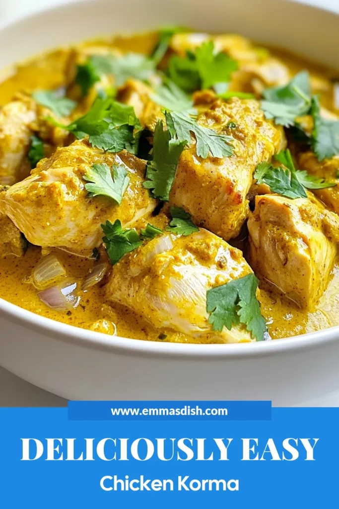 Discover the delightful flavors of Easy Chicken Korma with our easy-to-follow Chicken Korma recipe. This quick chicken curry, made with coconut milk korma and aromatic spices, is perfect for dinner any night of the week. Savor tender chicken thighs simmered to perfection and topped with fresh cilantro for an incredible Indian chicken meal. Try this recipe today and bring the taste of India to your table! Save this for later! #EasyChickenKorma #IndianChickenRecipes #QuickChickenCurry #CoconutMilkKorma