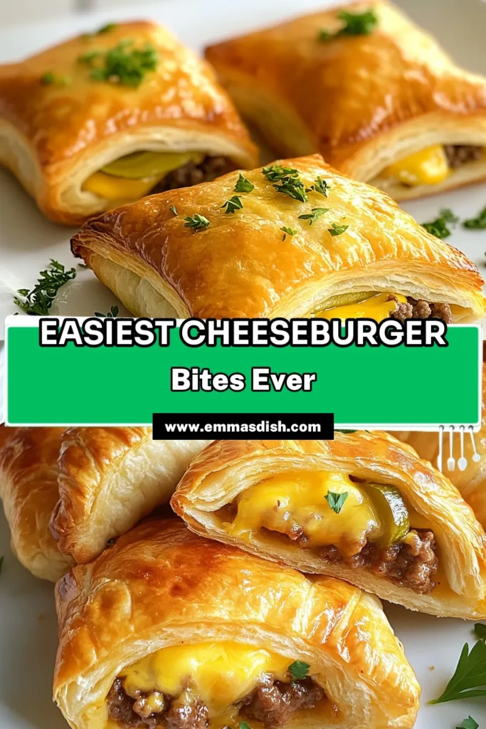 Satisfy your cravings with these delicious cheeseburger pocket bites! This easy beef bites recipe features a flaky crescent roll dough encasing seasoned ground beef and cheddar cheese, making perfect mini cheeseburger appetizers for any gathering. Try this baked cheeseburger pockets recipe and impress your guests! Don’t wait—save this crescent roll cheeseburger recipe now! #CheeseburgerPocketBites #EasyBeefBitesRecipe #MiniCheeseburgerAppetizers #BakedCheeseburgerPockets