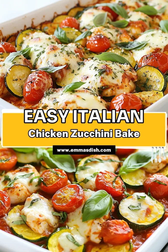 Discover the perfect weeknight meal with this Italian Chicken Zucchini Bake! This healthy chicken casserole recipe combines tender chicken, fresh zucchini, and flavorful marinara for a delicious dinner that's packed with nutrients. Topped with gooey mozzarella, this baked chicken with vegetables is an easy and satisfying dish. Save this recipe for a healthy meal twist! #ItalianChickenZucchiniBake #HealthyRecipes #Casserole #DinnerIdeas