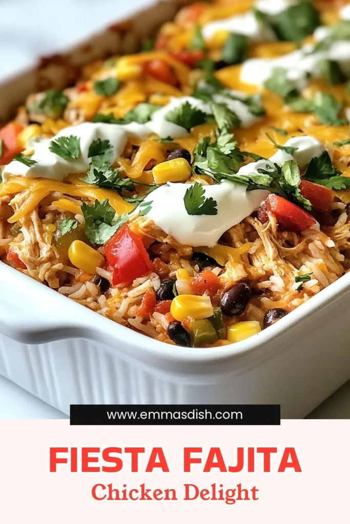 Looking for a quick and delicious weeknight meal? Try this Fiesta Chicken Casserole! This Fajita Chicken Recipe combines shredded chicken, colorful bell peppers, brown rice, black beans, and corn for a wholesome Chicken Casserole with Rice that the whole family will love. Enjoy an Easy Chicken Dinner that's packed with flavor and healthy ingredients. Perfect for meal prep! Save this recipe for your next dinner! #FiestaChickenCasserole #FajitaChickenRecipe #HealthyFajitaCasserole #EasyChickenDinner
