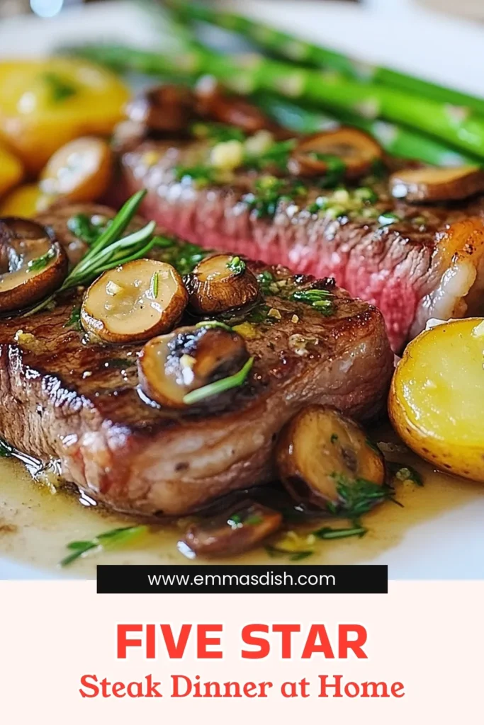 Indulge in a five-star steak dinner that's perfect for special occasions or a gourmet night at home. This ribeye steak recipe features a succulent garlic butter steak paired with sautéed mushrooms and asparagus for a delightful side. Impress your guests and elevate your dining experience with this easy-to-follow recipe. Click to explore and save this dish for your next gourmet steak dinner. #SteakDinner #RibeyeRecipe #CookingAtHome #GourmetMeals