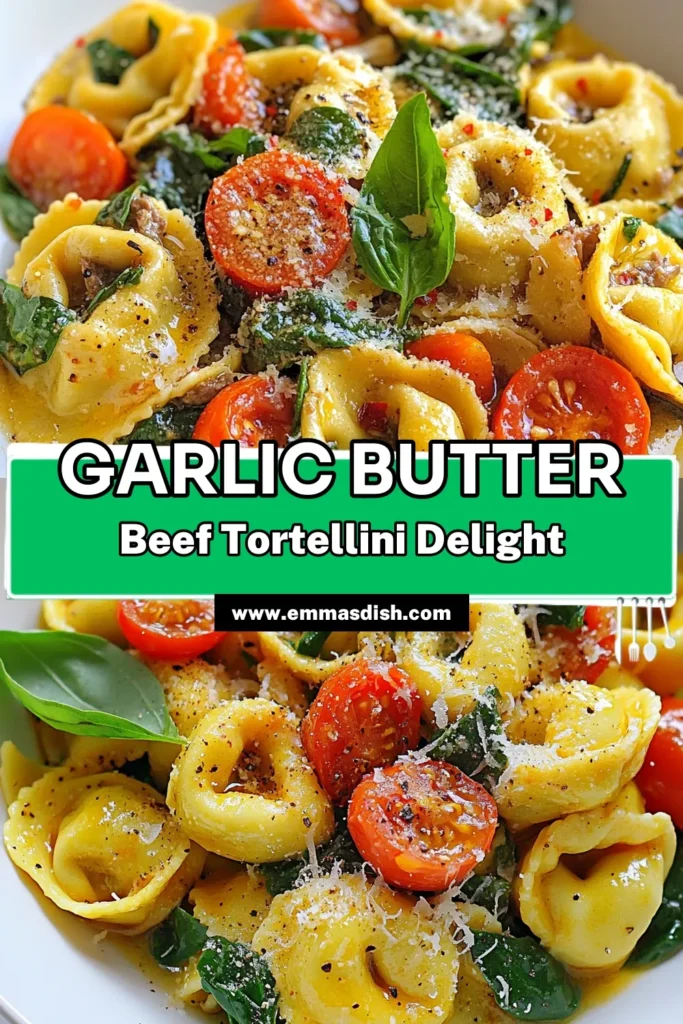 Discover a deliciously simple meal with this Garlic Butter Beef Tortellini recipe! Perfect for busy weeknights, this easy tortellini recipe combines tender beef tortellini with a rich garlic butter sauce, fresh tomatoes, and spinach—all made in one pan! Enjoy a quick garlic butter pasta that's ready in just 25 minutes. Save this mouthwatering Beef Tortellini Dinner idea for your next meal! #TortelliniRecipe #OnePanPasta #QuickDinner #PastaLovers