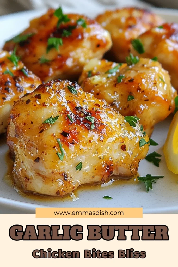 Savor the deliciousness of Garlic Butter Chicken Bites! This easy chicken recipe is perfect for busy nights, making it one of the best quick dinner ideas. With just a handful of ingredients, you can whip up this flavorful garlic chicken recipe in just 20 minutes. Try skillet chicken with garlic and impress your family with a meal that’s both tasty and simple. Save this recipe for your next dinner! #GarlicButterChickenBites #EasyChickenRecipes #QuickDinnerIdeas #GarlicChickenRecipe