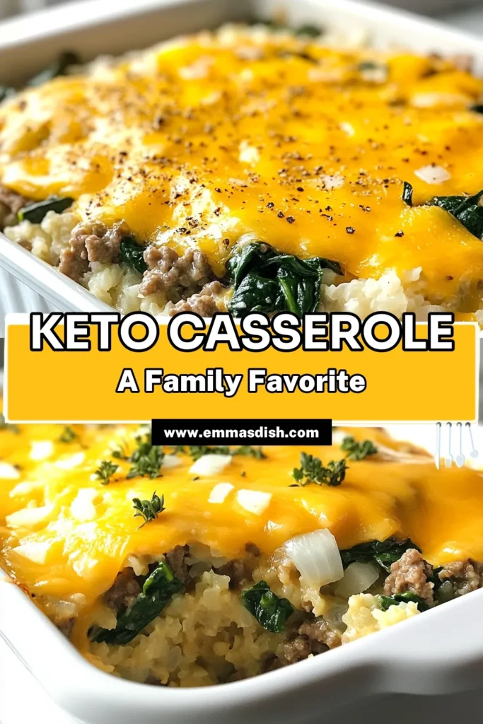 Looking for an easy keto dinner? Try this delicious Keto casserole recipe featuring ground beef and cauliflower rice! This low carb beef casserole is packed with flavor and cheesy goodness, perfect for a family meal. With fresh spinach and melted cheddar cheese, it's a cheesy keto dish everyone will love. Get the full recipe and make your casserole night a hit! Save this for later! #KetoCasserole #LowCarbDinner #EasyKeto #KetoRecipe
