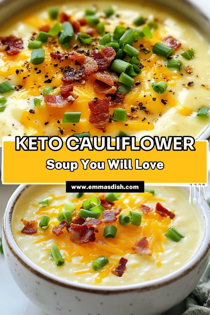 Indulge in this scrumptious Keto Loaded Cauliflower Soup, a perfect low carb cauliflower soup that will satisfy your cravings while keeping you on track. This creamy cauliflower soup recipe blends creamy cheese with tender cauliflower for a delightful dish. Enjoy this loaded cauliflower soup as part of your meal prep or a cozy dinner. Don't miss out on these easy keto soup recipes! Save this recipe now! #KetoCauliflowerSoup #LowCarbRecipes #CreamySoup #KetoRecipes