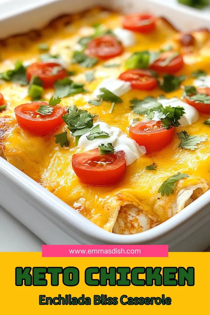 Looking for a delicious, low carb dinner? Try this Keto Chicken Enchilada Casserole! Packed with cheesy chicken enchiladas and made with simple ingredients, it’s the perfect healthy casserole recipe for your next meal. Easy to prepare, this low carb chicken casserole will be a hit with everyone. Save this recipe for your go-to list of easy keto dinner recipes! #KetoCasserole #LowCarbRecipes #HealthyEating #KetoDinner