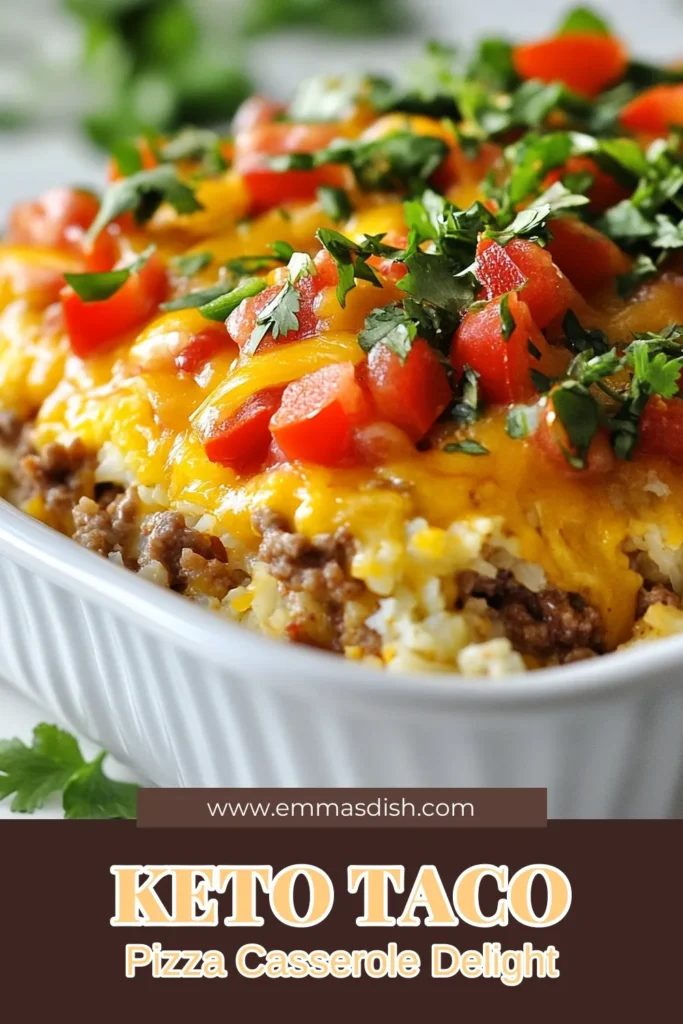 Savor the flavors of our Keto Taco Pizza Casserole, a delicious low-carb taco casserole that’s perfect for the whole family. Made with nutritious cauliflower rice, this sugar-free taco recipe brings the joy of tacos to your dinner table without the carbs. It’s an easy keto dinner recipe that can be whipped up in just 45 minutes. Save this recipe for a tasty weeknight meal! #KetoPizza #LowCarbDinner #KetoRecipes #TacoNight