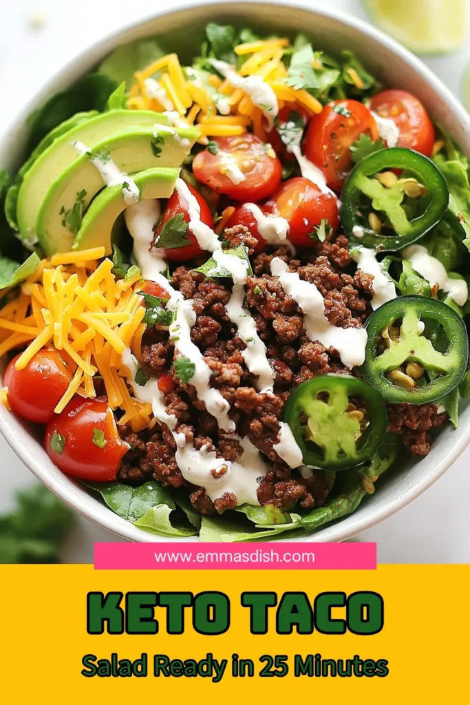 Discover a deliciously satisfying Keto Taco Salad Bowl that fits perfectly into your low carb lifestyle! This healthy taco salad recipe features seasoned ground beef and fresh ingredients like avocado, mixed greens, and cheese. Make mealtime exciting with this easy ground beef salad bowl, perfect for busy days. Don't miss out on this flavor-packed dish—try it out now! Save this Keto Taco Salad for later! #KetoRecipes #LowCarbDiet #HealthyEating #TacoSalad