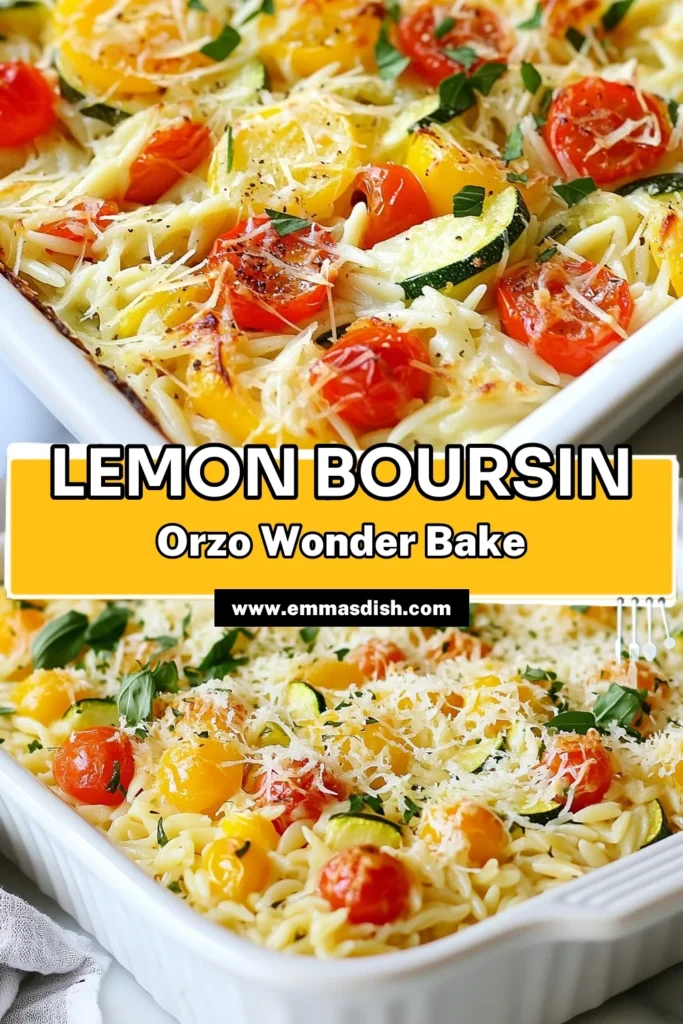 Discover the deliciousness of Lemon Boursin Orzo Bake, a creamy orzo recipe that’s perfect for any meal! This Orzo pasta bake blends Boursin cheese and colorful vegetables for a comforting vegetable orzo casserole everyone will love. Ready in under an hour, it's a must-try for cheese lovers. Save this recipe for a cozy dinner! #LemonBoursinOrzo #OrzoPastaBake #BoursinCheeseDishes #CreamyOrzoRecipes