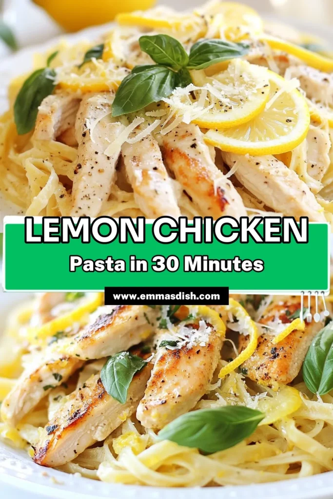 Discover this zesty lemon chicken pasta that's perfect for a quick lemon chicken dinner! This creamy lemon pasta recipe is packed with flavor, featuring tender chicken pasta with garlic and a rich, creamy sauce. In just 30 minutes, you’ll have an easy lemon pasta recipe that’s sure to impress. Serve it warm and enjoy a delightful meal that’s both simple and delicious. Pin this recipe now for your next dinner! #LemonChickenPasta #EasyDinner #PastaRecipe #QuickMeals