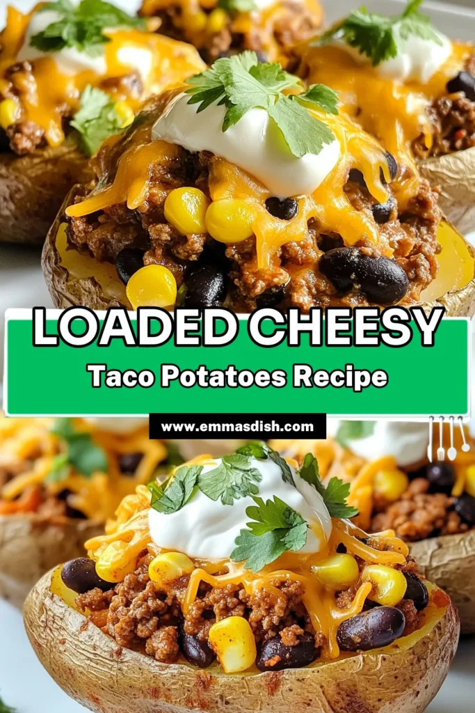 Discover the ultimate comfort food with these cheesy taco potatoes! This easy dinner recipe combines baked russet potatoes stuffed with savory ground beef, black beans, corn, and topped with melted cheddar cheese. Perfect for busy weeknights, these taco stuffed potatoes are delicious and filling. Elevate your loaded potato recipes with this flavorful dish that everyone will love. Save this recipe for your next family dinner! #CheesyTacoPotatoes #EasyDinnerRecipes #LoadedPotatoRecipes #GroundBeefPotatoDishes