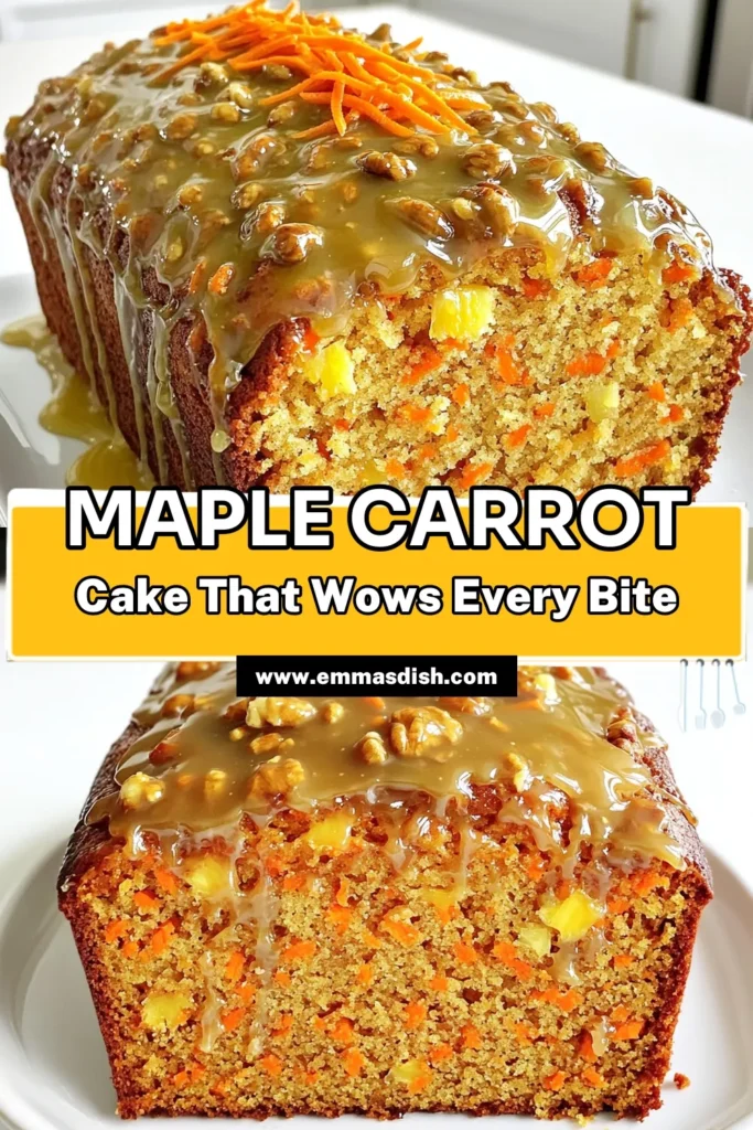 Indulge in the sweetest delight with this Maple Glazed Carrot Cake Loaf recipe! Loaded with fresh grated carrots, pineapple, and topped with a heavenly maple glaze, this moist loaf is sure to impress at any gathering. Easy to make and perfect for dessert or a cozy afternoon snack, it’s a must-try! Click through for the full recipe and enjoy a slice of heaven! #CarrotCake #BakingRecipes #DessertLovers #MapleGlaze