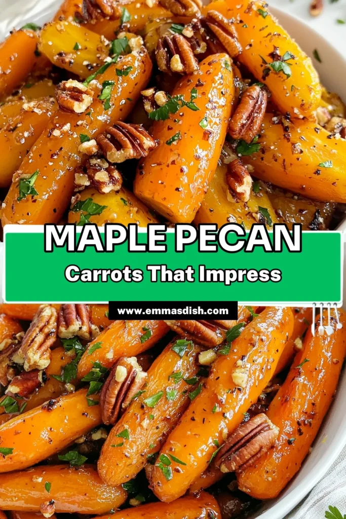 Elevate your dinner table with delicious Maple Pecan Roasted Carrots! This roasted carrot recipe features tender carrots drenched in sweet maple syrup, topped with crunchy pecans for a healthy carrot side dish that’s sure to impress. Perfect as a maple syrup carrots dish or a pecan carrot casserole, this recipe is easy to make and packed with flavor. Try it tonight and savor the taste! Save this recipe for later! #MaplePecanCarrots #HealthySideDish #RoastedCarrots #EasyRecipes