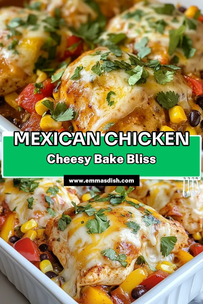 Discover a mouthwatering Mexican chicken recipe that's sure to be a hit at your dinner table! This cheesy chicken dinner features tender chicken breasts topped with a savory blend of bell peppers, corn, black beans, and rich Monterey Jack cheese, all baked to perfection. It’s an easy chicken casserole that’s not just delicious but also a healthy Mexican dish. Try this deliciousness tonight and watch it become a family favorite! Save this recipe for your next meal! #MexicanChicken #CheesyChickenDinner #EasyCasserole #HealthyMexicanDish