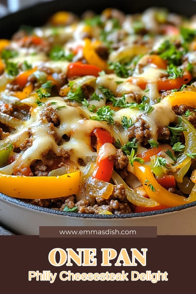 Indulge in this delicious Ground Beef Philly Cheesesteak Skillet that combines easy cooking with mouthwatering flavors. This Skillet Cheesesteak Recipe is a perfect weeknight dinner option, featuring ground beef, bell peppers, and gooey provolone cheese. Ready in just 25 minutes, this Easy Beef Skillet Meal will delight your family. Try this Cheesesteak with Bell Peppers and enjoy a crowd-pleaser! Save now for a tasty meal! #BeefRecipes #SkilletMeals #Cheesesteak #QuickDinners