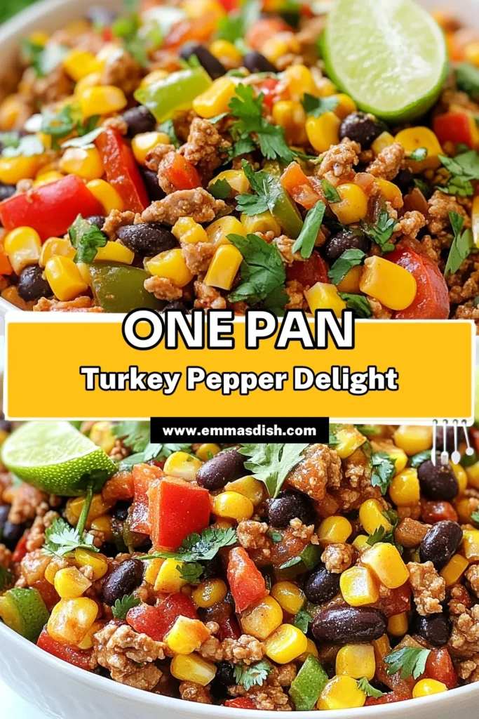 Discover a delicious and nutritious ground turkey skillet recipe with this easy one-pan turkey pepper dish! Packed with vibrant bell peppers, black beans, and corn, this healthy turkey pepper skillet is perfect for busy weeknights. Enjoy flavorful and satisfying easy ground turkey meals in just 30 minutes. Try this skillet turkey and vegetable recipe today and savor the goodness! Save it for later! #GroundTurkey #HealthyMeals #OnePanRecipes #EasyDinnerIdeas