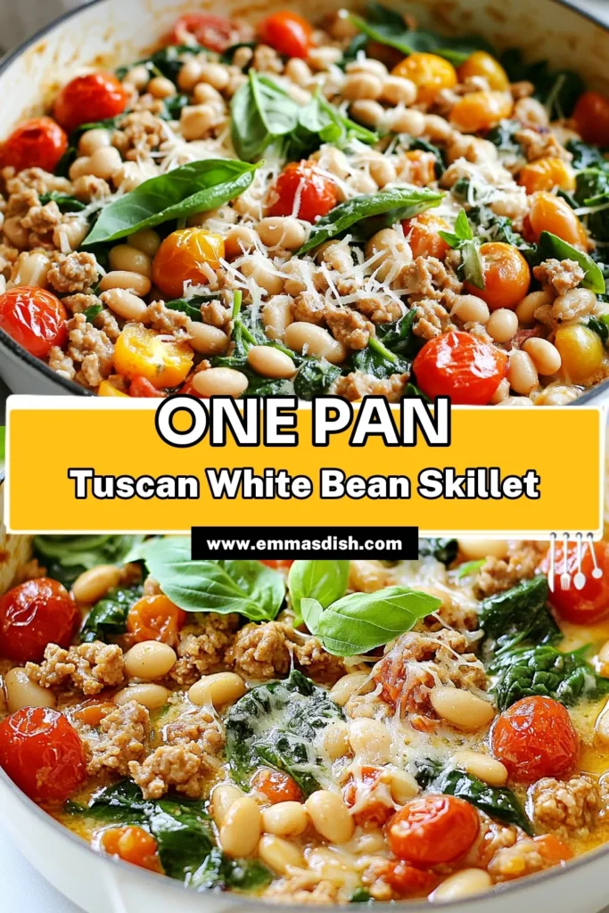 Looking for an easy dinner recipe with turkey? Try this Tuscan white bean turkey recipe that's a delicious one-pan Tuscan dish! Packed with ground turkey, healthy white beans, fresh spinach, and tomatoes, this healthy white bean skillet comes together in just 30 minutes. Perfect for busy weeknights, this flavorful ground turkey skillet meal is a must-try. Save this recipe for a quick and satisfying dinner! #HealthyRecipes #OnePanMeal #DinnerIdeas #GroundTurkey