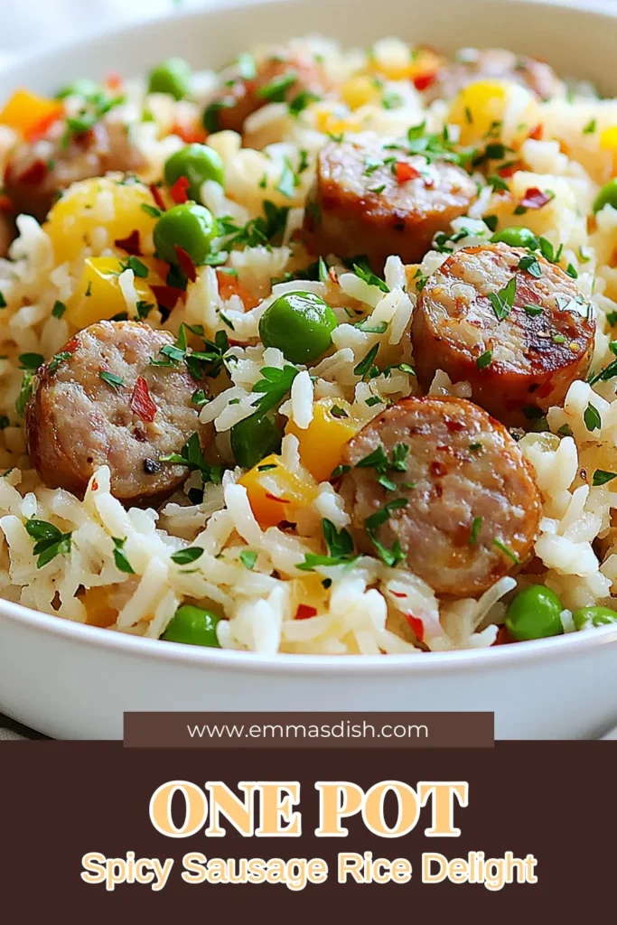 Looking for a quick comfort food recipe? Try this One Pot Sausage and Rice featuring spicy Italian sausage! This easy one pot dinner combines zesty rice dishes with flavorful ingredients like bell peppers, tomatoes, and peas. Perfect for a busy weeknight meal, you’ll love how fast it comes together. Ready in just 40 minutes, it’s delicious and satisfying! Save this Simple One Pot Sausage and Rice recipe for your next dinner idea! #OnePotSausageAndRice #EasyDinner #ComfortFood #SpicyItalianSausage