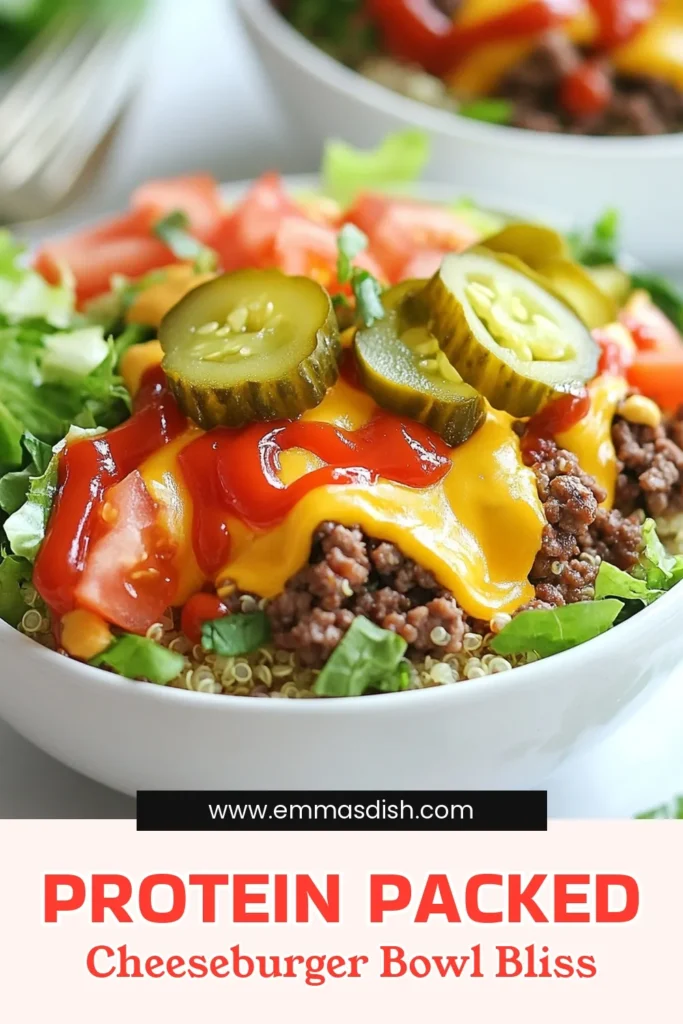 Elevate your meal prep with these high protein cheeseburger bowls! This healthy cheeseburger recipe combines lean ground beef or turkey with a nutritious quinoa base, making it a delicious low carb cheeseburger alternative. Perfect for quick lunches or dinners, this meal prep cheeseburger bowl is customizable with your favorite toppings. Try this quinoa burger bowl recipe today and enjoy a satisfying, flavorful meal! Save it now! #HealthyEating #MealPrep #CheeseburgerBowl #LowCarbMeals