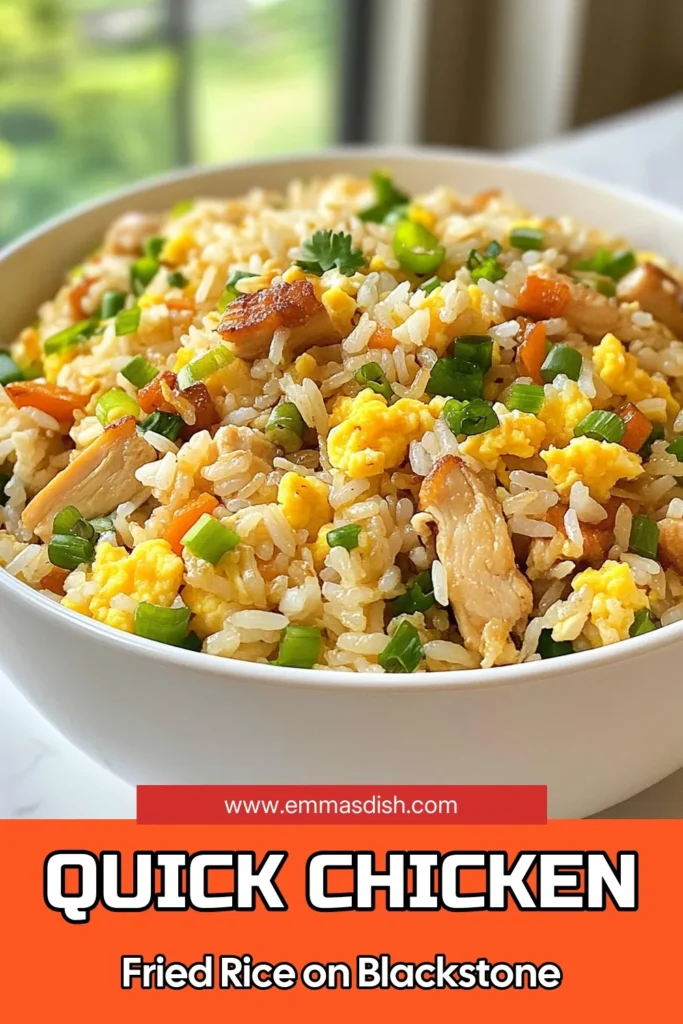Discover how to make mouthwatering Blackstone chicken fried rice with this easy chicken fried rice recipe! Using day-old jasmine rice for the perfect texture, this griddle chicken fried rice is packed with diced chicken, veggies, and a delicious blend of flavors. Perfect for a quick weeknight dinner, this homemade chicken fried rice comes together in just 20 minutes. Try it today and impress your family! #ChickenFriedRice #BlackstoneGriddle #EasyRecipes #HomemadeFriedRice