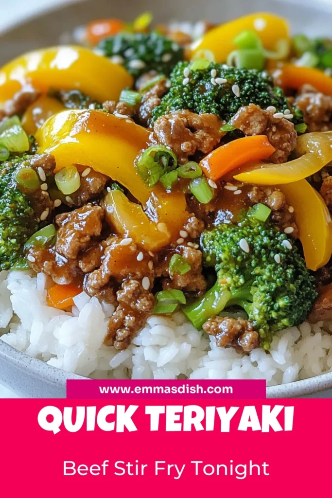 Looking for a quick dinner idea? Try this Teriyaki Ground Beef Stir-Fry! This easy beef stir-fry recipe combines ground beef and fresh veggies in a delicious ground beef teriyaki sauce. Perfect for healthy stir-fry recipes, it's ready in just 25 minutes. Enjoy a nutritious meal that the whole family will love. Save this Teriyaki ground beef recipe for busy weeknights! #TeriyakiGroundBeef #BeefStirFry #HealthyRecipes #QuickDinnerIdeas