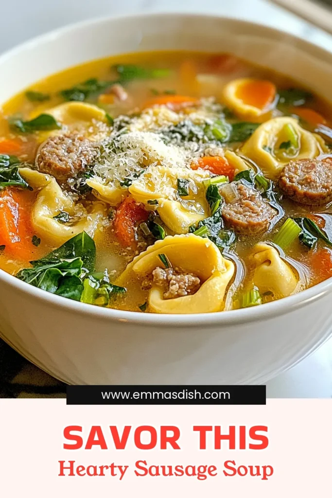 Warm up with this hearty sausage tortellini soup that combines the rich flavors of Italian sausage and fresh spinach, creating the perfect comfort food. This quick soup recipe is easy to make with chicken broth and a variety of veggies, delivering a satisfying meal in just 30 minutes. Discover this delicious Italian sausage soup recipe and impress your family tonight! Save this for the ultimate tortellini soup with spinach! #SoupRecipes #Tortellini #ItalianCuisine #ComfortFood